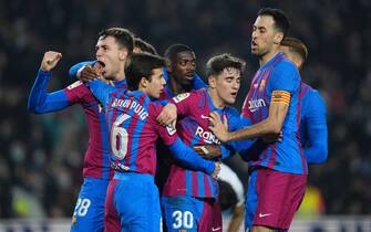 Nico Gonzalez of FC Barcelona celebrates with his teammates after scoring the victory's goal during the La Liga match between FC Barcelona and Elche CF played at Camp Nou Stadium on December 18, 2021 in Barcelona, Spain. (Photo by Sergio Ruiz /PRESSINPHOTO)