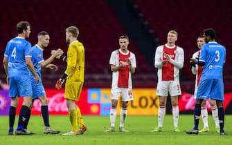 AMSTERDAM - Devin Plank of Excelsior Maassluis enters the field during the Toto Knvb Cup match between Ajax Amsterdam and Excelsior Maassluis (am) at the Johan Cruijff ArenA on August 14, 2021 in Amsterdam, Netherlands. ANP OLAF KRAAK (Photo by ANP via Getty Images)