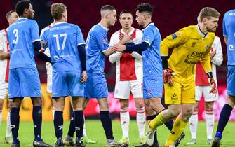 AMSTERDAM - Devin Plank of Excelsior Maassluis enters the field during the Toto Knvb Cup match between Ajax Amsterdam and Excelsior Maassluis (am) at the Johan Cruijff ArenA on August 14, 2021 in Amsterdam, Netherlands. ANP OLAF KRAAK (Photo by ANP via Getty Images)