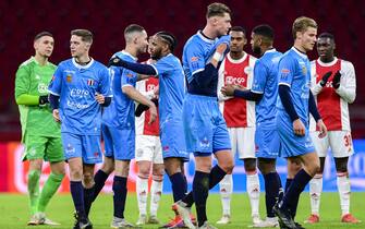 AMSTERDAM - Devin Plank of Excelsior Maassluis enters the field during the Toto Knvb Cup match between Ajax Amsterdam and Excelsior Maassluis (am) at the Johan Cruijff ArenA on August 14, 2021 in Amsterdam, Netherlands. ANP OLAF KRAAK (Photo by ANP via Getty Images)