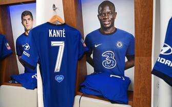 LONDON, ENGLAND - AUGUST 01: N'Golo Kante of Chelsea  shirt is seen inside the Chelsea dressing room ahead of the FA Cup Final match between Arsenal and Chelsea at Wembley Stadium on August 01, 2020 in London, England. Football Stadiums around Europe remain empty due to the Coronavirus Pandemic as Government social distancing laws prohibit fans inside venues resulting in all fixtures being played behind closed doors. (Photo by Darren Walsh/Chelsea FC via Getty Images)