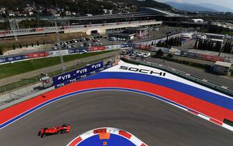 SOCHI, RUSSIA - SEPTEMBER 25: A general view as Charles Leclerc of Monaco driving the (16) Scuderia Ferrari SF1000 drives on track during practice ahead of the F1 Grand Prix of Russia at Sochi Autodrom on September 25, 2020 in Sochi, Russia. (Photo by Kirill Kudryavtsev - Pool/Getty Images)