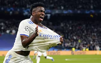 Vinicius Jr of Real Madrid celebrates the Karim Benzema goal’s during the UEFA Champions League match, round of 16 between Real Madrid and PSG played at Santiago Bernabeu Stadium on March 09, 2022 in Madrid, Spain.  (Colas Buera / Magma / Pressinphoto)