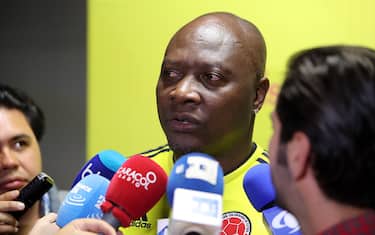 Former soccer plater Freddy Rincon adresses the media during the official official presentation of the t-shirt of Colombia's national soccer team for the Russia 2018 World Cup in Bogota, Colombia, 07 November 2017. Former soccer platers Freddy Rincon and Faustino Asprilla presented the t-shirt inspired in the one used by the team wore for the Italy 1990 World Cup. EFE/Mauricio Duenas Castaneda 