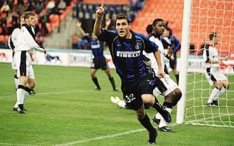 6 Dec 2001:  Christian Vieri of Inter Milan celebrates scoring the opening goal of the match during the UEFA Cup third round second leg match against Ipswich Town played at the San Siro, in Milan, Italy. Inter Milan won the match 4-1, winning 4-2 on aggregate. \ Mandatory Credit: Alex Livesey /Allsport