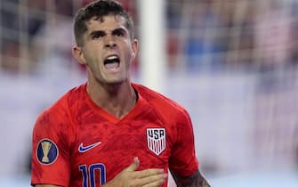epa07693646 USA's Christian Pulisic celebrates the second goal during the semi final Concacaf Gold Cup match between Jamaica and the United States at Nissan Stadium in Nashville, Tennessee, USA, 03 July 2019. USA won the match 1-3.  EPA/ALAN POIZNER