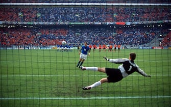 29 June 2000 Amsterdam - UEFA Euro 2000 semi final - Italy v Netherlands - Francesco Totti of Italy chips his penalty kick to beat Netherlands goalkeeper Edwin van der Sar and score a goal -     (Photo by Mark Leech/Offside via Getty Images)