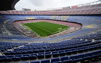 13 April 2022, Spain, Barcelona: The famous Camp Nou stadium is still empty on the eve of the Europa League quarterfinal second leg between FC Barcelona and Eintracht Frankfurt. Photo: Arne Dedert/dpa