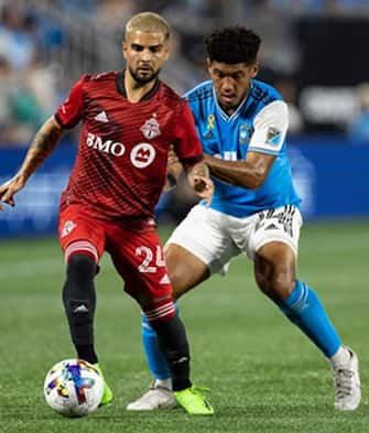 CHARLOTTE, NC - AUGUST 27: Lorenzo Insigne #24 of Toronto FC makes a move away from a challenge by Jaylin Lindsey #24 of Charlotte FC during a game between Toronto FC and Charlotte FC at Bank of America Stadium on August 27, 2022 in Charlotte, North Carolina. (Photo by Steve Limentani/ISI Photos/Getty Images)