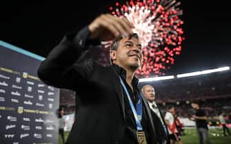 epa09604129 River Plate coach, Marcelo Gallardo, celebrates River Plate's win against Racing Club after the soccer match for the Argentine Professional League, in Buenos Aires, Argentina, 25 November 2021.  EPA/Juan Ignacio Roncoroni