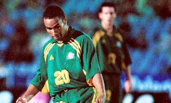 Australian striker Archie Thompson kicks one of his record 13 goals against American Samoa in their Oceania group qualifying match for the 2002 World Cup, in Coffs Harbour, Australia, April 11, 2001. Australia crushed American Samoa 31-0 to score a world record victory in an international on Wednesday. Australia set the previous record on Monday when they beat Tonga 22-0.  Striker Archie Thompson, who had only scored one international goal before Wednesday's avalanche, hit a world record 13.   (AUSTRALIA OUT   NO ARCHIVES     NO SALES)      REUTERS/Coffs Harbour Advocate/Trevor Veale.