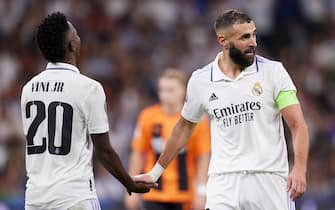 Karim Benzema and Vinicius Jr. of Real Madrid during the UEFA Champions League match between Real Madrid and Shakhtar Donetsk, Group F, played at Santiago Bernabeu Stadium on Oct 05, 2022 in Madrid, Spain. (Photo by Magma / pressinphoto / Sipa USA))