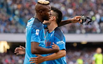 Victor Osimhen of Napoli celebrates after scores their first gol  during  SSC Napoli vs Udinese Calcio, italian soccer Serie A match in Naples, Italy, November 12 2022