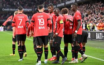 15 Christopher WOOH (srfc) - 27 Hamari TRAORE (srfc) - 19 Amine GOUIRI (srfc) - 26 Lesley UGOCHUKWU (srfc) during the Ligue 1 Uber Eats match between Rennes and Toulouse at Roazhon Park on November 12, 2022 in Rennes, France. (Photo by Anthony Bibard/ FEP/Icon Sport/Sipa USA) - Photo by Icon Sport/Sipa USA