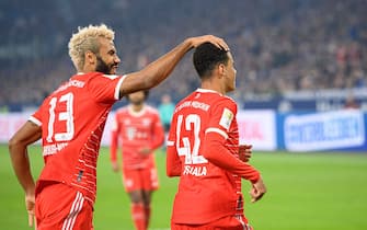 jubilation Jamal MUSIALA (M) after a goal that is disallowed, with Eric Maxim CHOUPO-MOTING l. (M) Soccer 1st Bundesliga, 15th matchday, FC Schalke 04 (GE) - FC Bayern Munich (M) 0: 2, on November 12th, 2022 in Gelsenkirchen / Germany. #DFL regulations prohibit any use of photographs as image sequences and/or quasi-video #