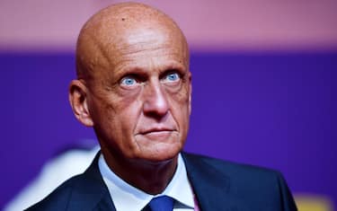 epa09863921 Former Italian referee and chairman of the FIFA referees committee Pierluigi Collina arrives for the main draw for the FIFA World Cup 2022 in Doha, Qatar, 01 April 2022.  EPA/NOUSHAD THEKKAYIL
