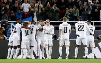 epa10461665 Players of Real Madrid celebrate after scoring the 1-0 lead during the FIFA Club World Cup final between Real Madrid and Al Hilal SFC in Rabat, Morocco, 11 February 2023.  EPA/Mohamed Messara
