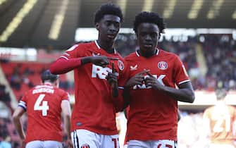 Jesurun Rak-Sakyi of Charlton Athletic celebrates with Tyreece Campbell after scoring his sides first goal during the Sky Bet League 1 match between Charlton Athletic and Burton Albion at The Valley, LondonPicture by Ben Peters/Focus Images/Sipa USA 10/04/2023