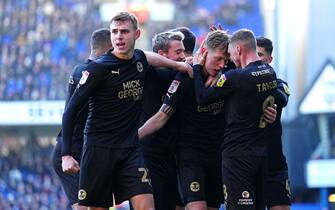 Peterborough United's Frankie Kent (centre) celebrates scoring their side's first goal of the game with team-mates during the Sky Bet League One match at Portman Road, Ipswich. Picture date: Saturday December 10, 2022.