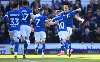 Ipswich Town's Conor Chaplin celebrates scoring their first goal during the Sky Bet League 1 match at Portman Road, Ipswich
Picture by Daniel Hambury/Focus Images/Sipa USA 
15/04/2023