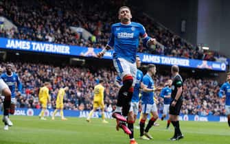 Rangers&#x92; James Tavernier celebrates scoring their side's third goal of the game during the cinch Premiership match at Ibrox Stadium, Glasgow. Picture date: Saturday March 4, 2023.