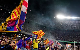 FC Barcelona fans celebrating the victory at full time during the La Liga match between FC Barcelona and Real Madrid played at Spotify Camp Nou Stadium on March 19, 2023 in Barcelona, Spain. (Photo by Colas Buera / pressinphoto / Sipa USA))