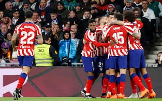 Atletico de Madrid players celebrating the 0-1 during the La Liga match between Real Madrid and Atletico de Madrid played at Santiago Bernabeu Stadium on February 25, 2023 in Madrid, Spain. (Photo by Cesar Cebolla / pressinphoto / Sipa USA))