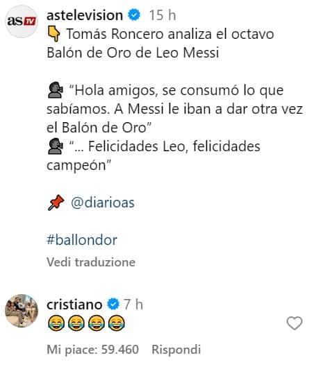 Ronaldo reagisce al pallone d'Oro di Messi