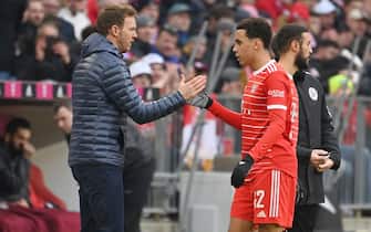 coach Julian NAGELSMANN (FC Bayern Munich) with Jamal MUSIALA (FC Bayern Munich) after substitution. Football 1st Bundesliga season 2022/2023, 24th matchday, matchday24, FC Bayern Munich - FC Augsburg 5-3 on 03/11/2023, ALLIANZAREN A. ?