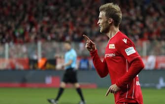 GERMANY SOCCER BUNDESLIGA epa08055022 Unionâs Sebastian Andersson celebrates after scoring the 1-0 lead during the German Bundesliga soccer match between Union Berlin and 1. FC Koeln in Berlin, Germany, 08 December 2019. EPA/FELIPE TRUEBA CONDITIONS - ATTENTION: The DFB regulations prohibit any use of photographs as image sequences and/or quasi-video.