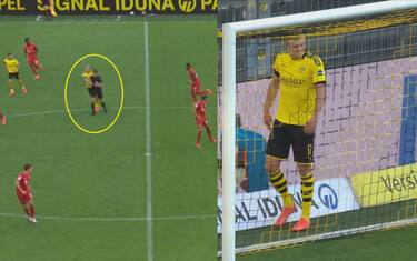 Haaland si scontra con l'arbitro e va ko. VIDEO