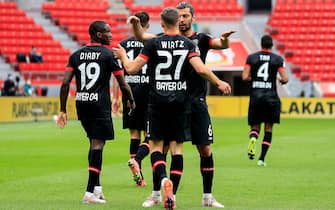 (210516) -- LEVERKUSEN, May 16, 2021 (Xinhua) -- Florian Wirtz (3rd L) of Leverkusen celebrates his scoring with teammates during a German Bundesliga match between Bayer 04 Leverkusen and FC Union Berlin in Leverkusen, Germany, May 15, 2021. (Xinhua) - Xinhua -//CHINENOUVELLE_1.0139/2105161214/Credit:CHINE NOUVELLE/SIPA/2105161215