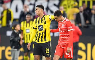 Preview Bundesliga hit FC Bayern Munich-Borussia Dortmund. ARCHIVE PHOTO; Jew BELLINGHAM l. (DO) with Jamal MUSIALA (M) after the game, soccer 1st Bundesliga, 09th matchday, Borussia Dortmund (DO) - FC Bayern Munich (M) 2: 2, on October 8th, 2022 in Dortmund / Germany. #DFL regulations prohibit any use of photographs as image sequences and/or quasi-video #