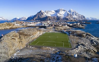 The football stadium of Henninsvaer FC is photographed on March 8, 2018, 2018, in Henningsvaer, northern Norway, Lofoten islands, within the Arctic Circle. (Photo by Olivier MORIN / AFP) (Photo by OLIVIER MORIN/AFP via Getty Images)