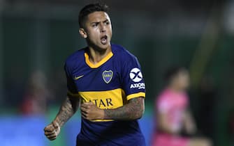 BUENOS AIRES, ARGENTINA - OCTOBER 06: Agustin Almendra of Boca Juniors celebrates after scoring his side's first goal during the match between Defensa y Justicia and Boca Juniors as part of the Superliga Argentina 2019/20 at Estadio Norberto Tomaghello on October 6, 2019 in Buenos Aires, Argentina. (Photo by Gustavo Garello/Jam Media/Getty Images)