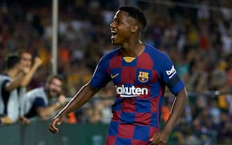 BARCELONA, SPAIN - SEPTEMBER 14: Ansu Fati of Barcelona celebrates after the second goal of his team scored by Frenkie de Jong (not in frame) during the Liga match between FC Barcelona and Valencia CF at Camp Nou on September 14, 2019 in Barcelona, Spain. (Photo by Quality Sport Images/Getty Images)