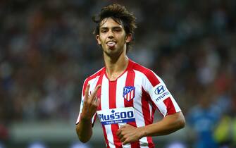 STOCKHOLM, SWEDEN - AUGUST 10:   Joao Felix of Atletico Madrid celebrates scoring a goal to make the score 2-1 during the International Champions Cup match between Atletico Madrid and Juventus on August 10, 2019 in Stockholm, Sweden. (Photo by Charlie Crowhurst/International Champions Cup/Getty Images)