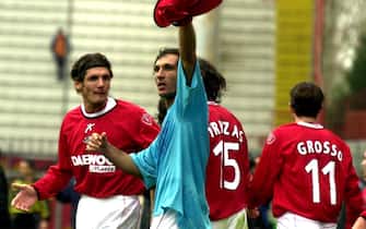 1093630 17 Feb 2002: Fabio Bazzani of Perugia celebrates scoring during the Serie A match between Perugia and Lecce, played at the Reanto Curi Stadium, Perugia. DIGITAL IMAGE Mandatory Credit: Grazia Neri/Getty Images