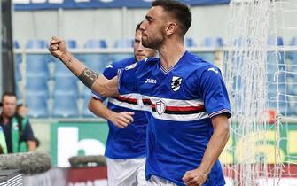 GENOA, ITALY - OCTOBER 02:  Bruno Fernandes of Sampdoria celebrates after scoring the equalizing goal during the Serie A match between UC Sampdoria and US Citta di Palermo at Stadio Luigi Ferraris on October 2, 2016 in Genoa, Italy.  (Photo by Getty Images/Getty Images)