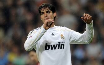 Real Madrid's Brazilian midfielder Kaka reacts during a Spanish League football match against Athletic Bilbao at Santiago Bernabeu stadium in Madrid on May 8, 2010.  AFP PHOTO / PIERRE-PHILIPPE MARCOU (Photo credit should read PIERRE-PHILIPPE MARCOU/AFP via Getty Images)