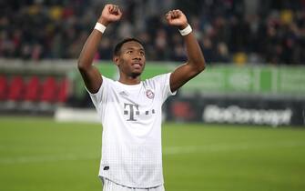 GERMANY SOCCER BUNDESLIGA epa08019934 Bayern's David Alaba celebrates after winning the German Bundesliga soccer match between Fortuna Duesseldorf and FC Bayern Munich in Duesseldorf, Germany, 23 November 2019. EPA/FRIEDEMANN VOGEL CONDITIONS - ATTENTION: The DFL regulations prohibit any use of photographs as image sequences and/or quasi-video.