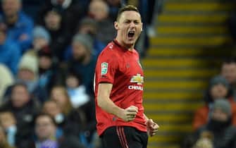 BRITAIN SOCCER CARABAO CUP epa08176871 Nemanja Matic of Manchester United celebrates scoring the 1-0 during the Carabao Cup semi final second leg match between Manchester City and Manchester United in Manchester, Britain, 29 January 2020. EPA/PETER POWELL