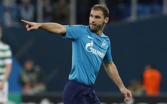 epa06554777 Branislav Ivanovic of Zenit celebrates after scoring a goal during the UEFA Europa League round of 32, second leg soccer match between Zenit Saint Petersburg and Celtic Glasgow, in St. Petersburg, Russia, 22 February 2018.  EPA/ANATOLY MALTSEV