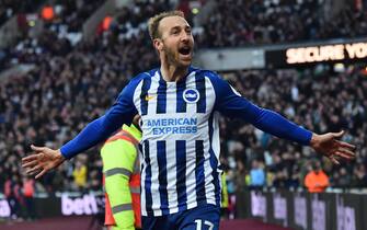 Brighton's English striker Glenn Murray celebrates scoring his team's third goal during the English Premier League football match between West Ham United and Brighton and Hove Albion at The London Stadium, in east London on February 1, 2020. (Photo by Glyn KIRK / AFP) / RESTRICTED TO EDITORIAL USE. No use with unauthorized audio, video, data, fixture lists, club/league logos or 'live' services. Online in-match use limited to 120 images. An additional 40 images may be used in extra time. No video emulation. Social media in-match use limited to 120 images. An additional 40 images may be used in extra time. No use in betting publications, games or single club/league/player publications. /  (Photo by GLYN KIRK/AFP via Getty Images)