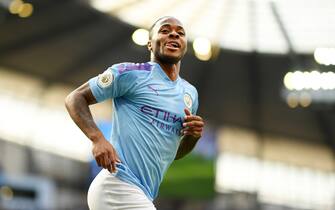 MANCHESTER, ENGLAND - AUGUST 17: Raheem Sterling of Manchester City celebrates after scoring his team's first goal during the Premier League match between Manchester City and Tottenham Hotspur at Etihad Stadium on August 17, 2019 in Manchester, United Kingdom. (Photo by Shaun Botterill/Getty Images)