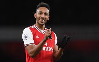epa08242020 Arsenal's Pierre-Emerick Aubameyang reacts after the English Premier League soccer match between Arsenal FC and Everton FC at the Emirates Stadium in London, Britain, 23 February 2020.  EPA/NEIL HALL EDITORIAL USE ONLY. No use with unauthorized audio, video, data, fixture lists, club/league logos or 'live' services. Online in-match use limited to 120 images, no video emulation. No use in betting, games or single club/league/player publications