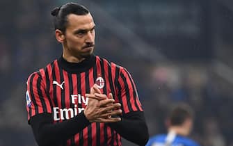 AC Milan's forward Zlatan Ibrahimovic from Sweden reacts during the Italian Serie A football match Inter Milan vs AC Milan on February 9, 2020 at the San Siro stadium in Milan. (Photo by MARCO BERTORELLO / AFP) (Photo by MARCO BERTORELLO/AFP via Getty Images)