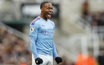 epa08034787 Manchester City's Raheem Sterling celebrates after scoring a goal during the English Premier League soccer match between Newcastle United and Manchester City in Newcastle, Britain, 30 November 2019.  EPA/Lynne Cameron EDITORIAL USE ONLY. No use with unauthorized audio, video, data, fixture lists, club/league logos or 'live' services. Online in-match use limited to 120 images, no video emulation. No use in betting, games or single club/league/player publications