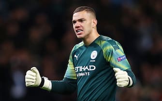 MANCHESTER, ENGLAND - OCTOBER 01: Ederson of Manchester City celebrates following his team's second goal scored by Phil Foden of Manchester City (not pictured) during the UEFA Champions League group C match between Manchester City and Dinamo Zagreb at Etihad Stadium on October 01, 2019 in Manchester, United Kingdom. (Photo by Clive Brunskill/Getty Images)