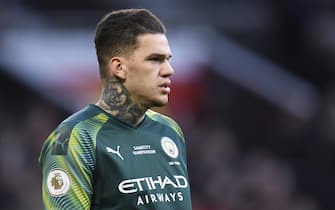 epa08279377 Goalkeeper Ederson of Manchester City reacts during the English Premier League match between Manchester United and Manchester City held at Old Trafford in Manchester, Britain, 08 March 2020.  EPA/PETER POWELL EDITORIAL USE ONLY. No use with unauthorized audio, video, data, fixture lists, club/league logos or 'live' services. Online in-match use limited to 120 images, no video emulation. No use in betting, games or single club/league/player publications